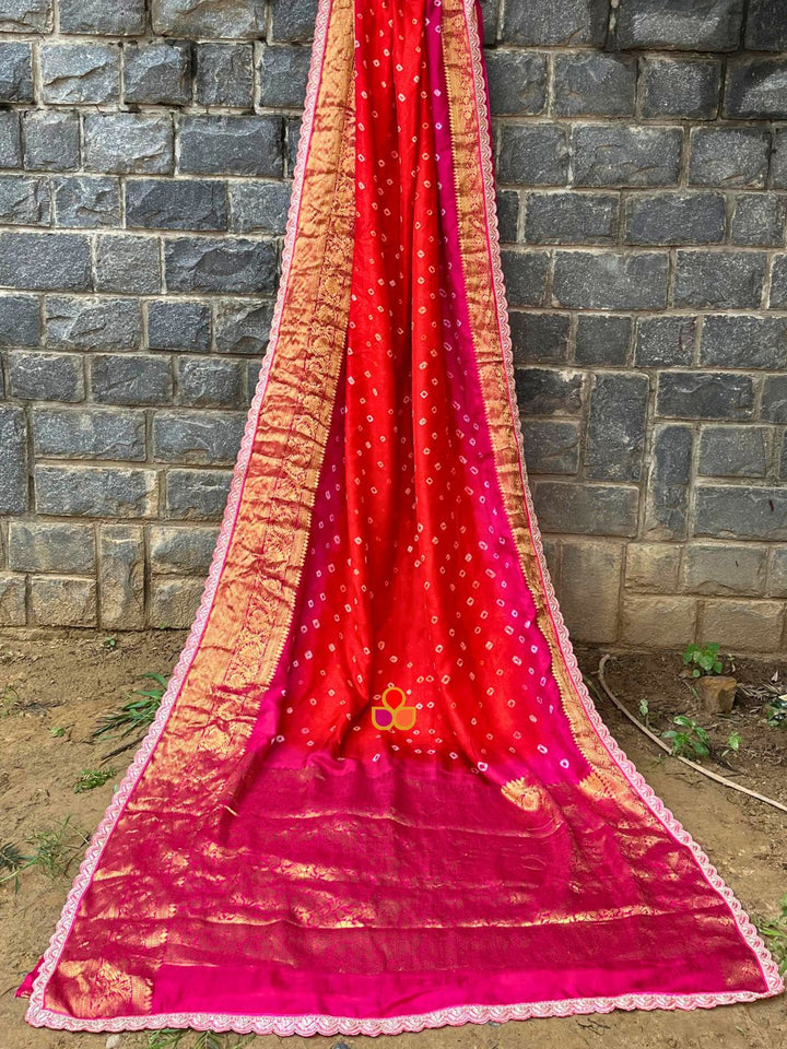 anokherang Sarees Pink Orange Bandhani Banarsi Silk Scalloped Saree