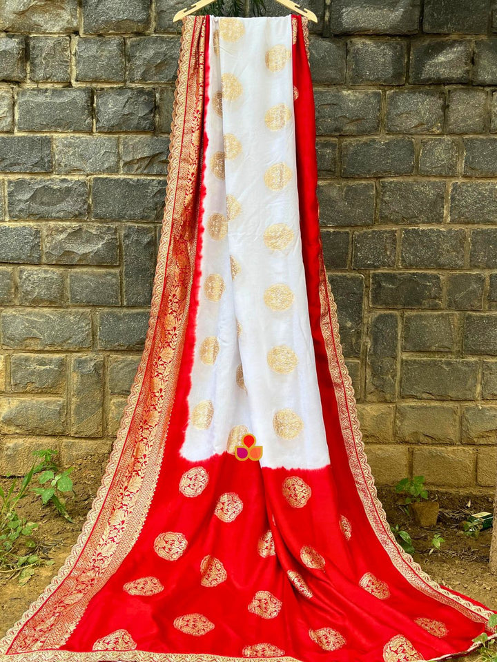 anokherang Sarees Red and White Banarsi Silk Scalloped Saree