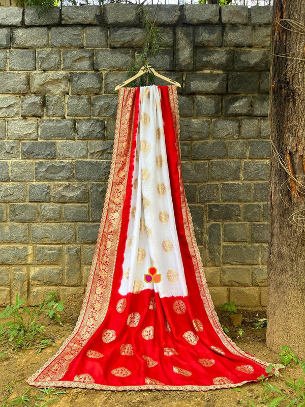 anokherang Sarees Red and White Banarsi Silk Scalloped Saree
