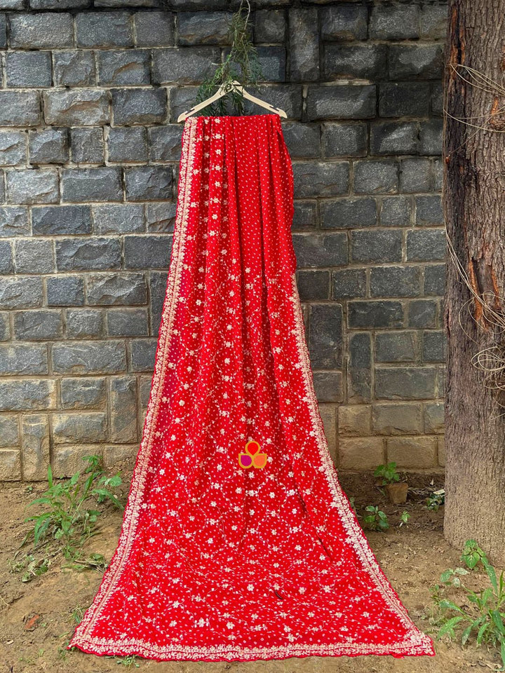 anokherang Sarees Red Bandhani Embroidered Georgette Saree