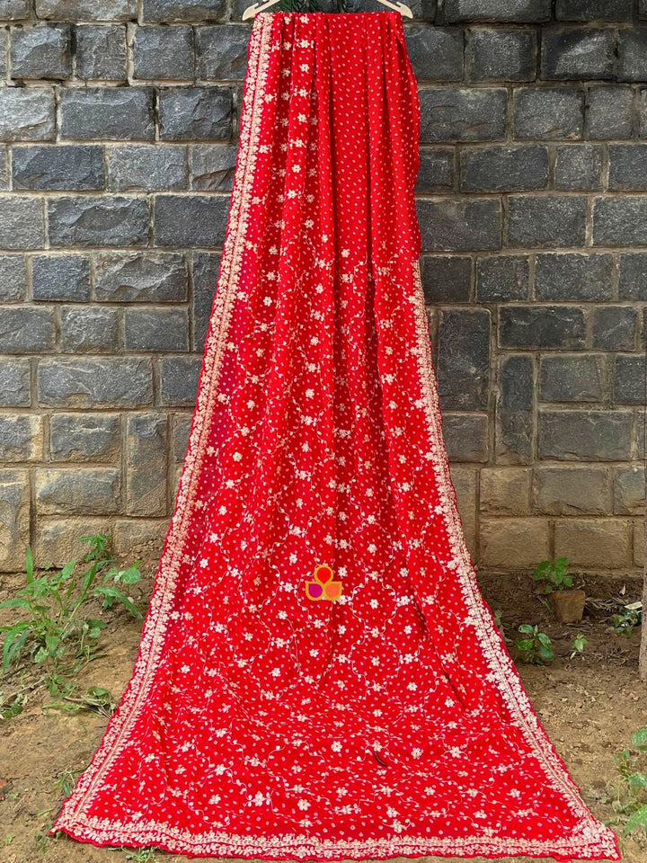 anokherang Sarees Red Bandhani Embroidered Georgette Saree
