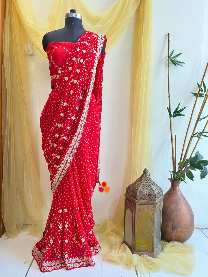 anokherang Sarees Red Bandhani Embroidered Georgette Saree