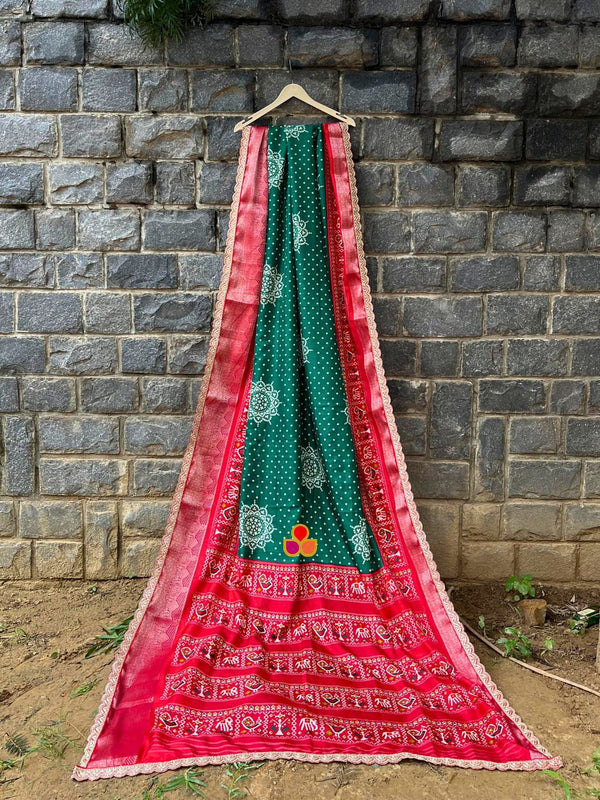 anokherang Sarees Red Green Bandhani Patola Printed Silk Scalloped Saree