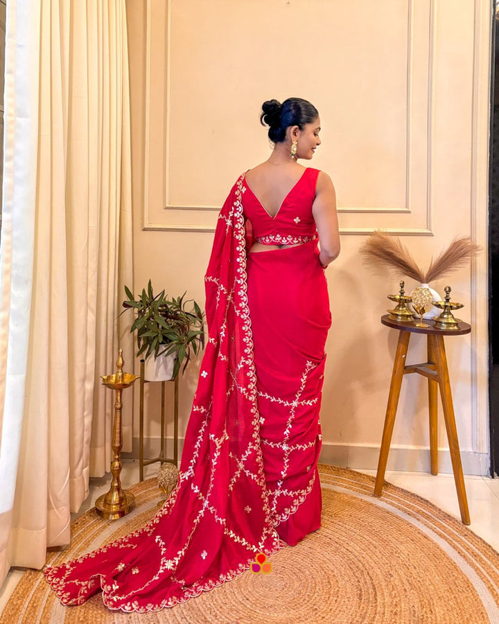 anokherang Sarees Sindoori Red Zari Sequin Embroidered Silk Scalloped Saree