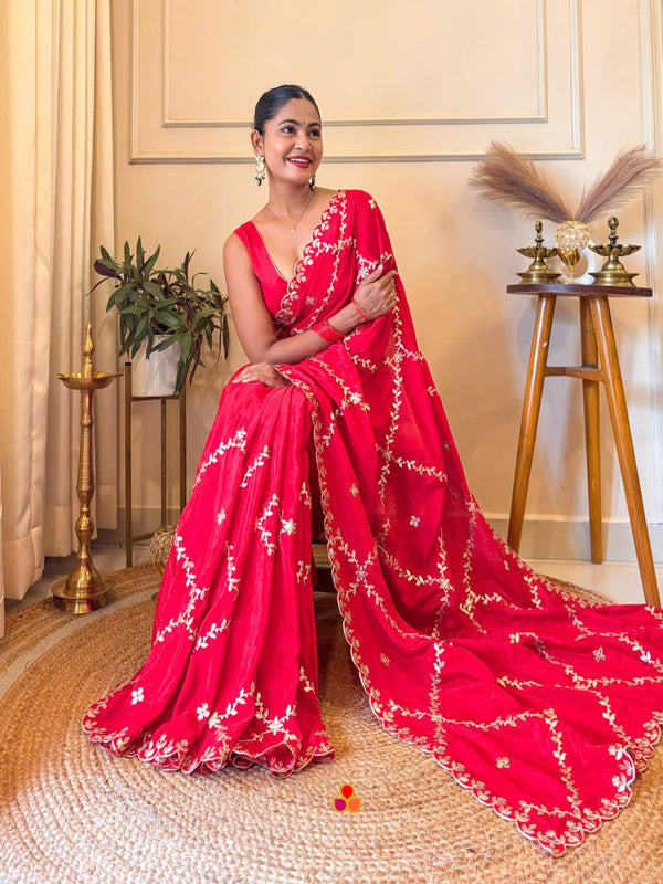 anokherang Sarees Sindoori Red Zari Sequin Embroidered Silk Scalloped Saree