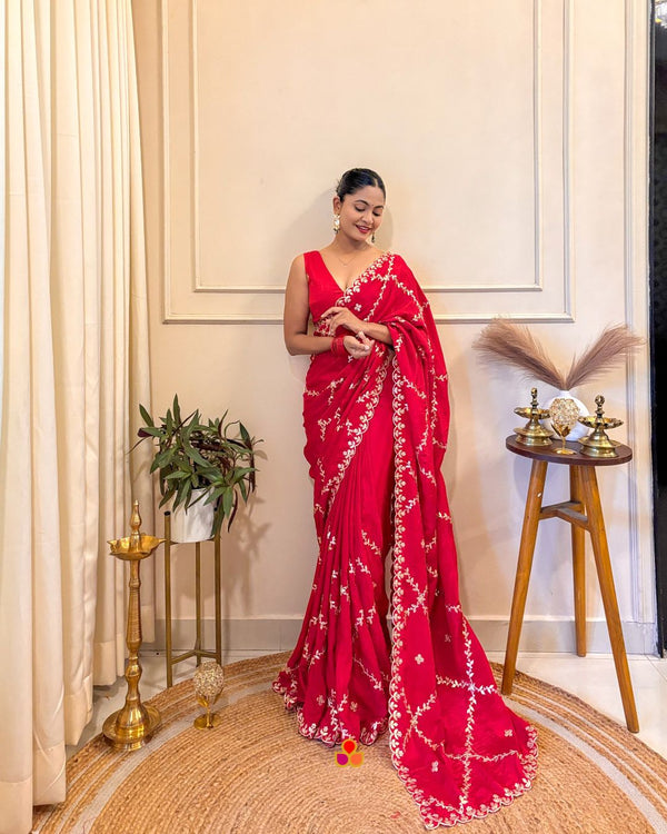 anokherang Sarees Sindoori Red Zari Sequin Embroidered Silk Scalloped Saree