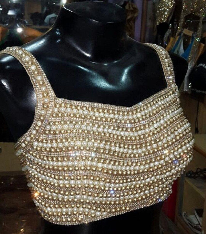anokherang Blouse Pearl, Crystals & Dark Gold Bead Blouse