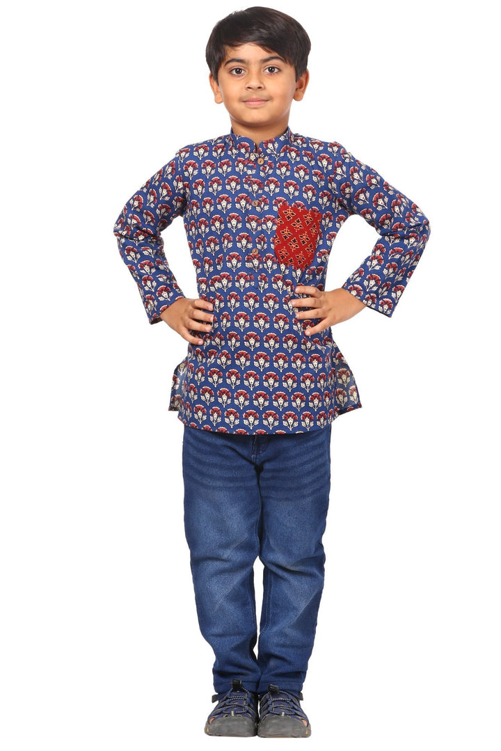 anokherang Boys Kurta Blue Floral Red Pocket Short Kurta