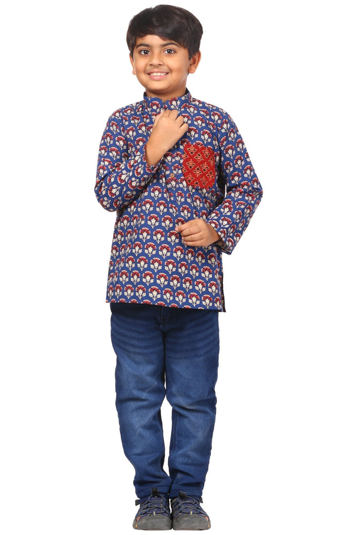 anokherang Boys Kurta Blue Floral Red Pocket Short Kurta