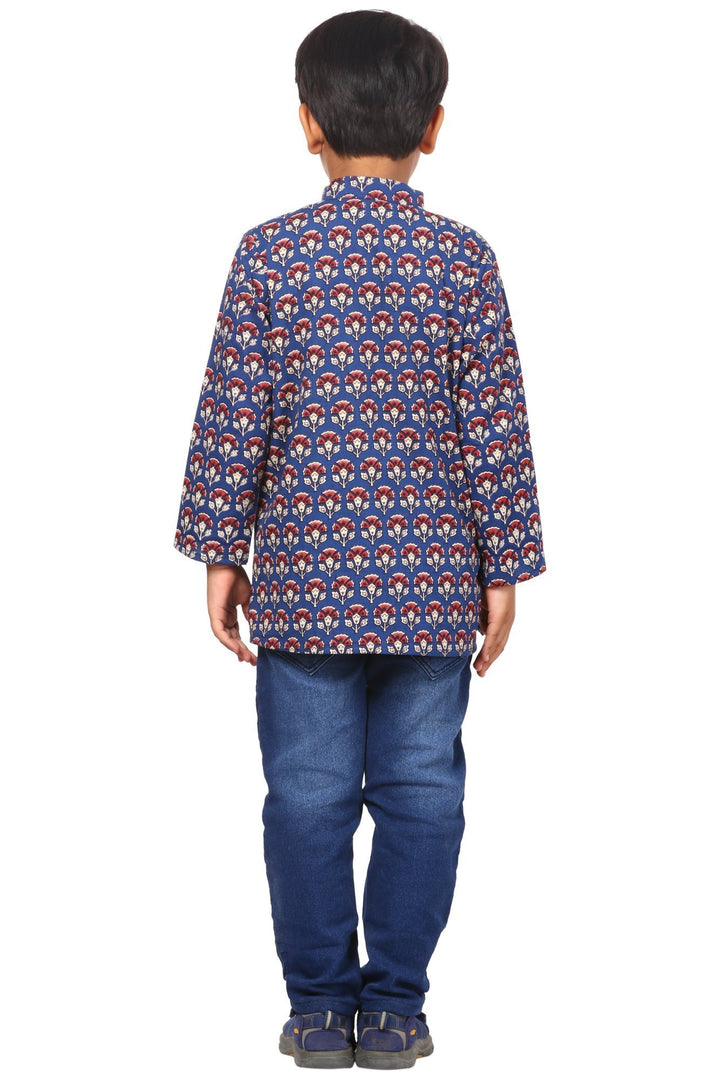 anokherang Boys Kurta Blue Floral Red Pocket Short Kurta