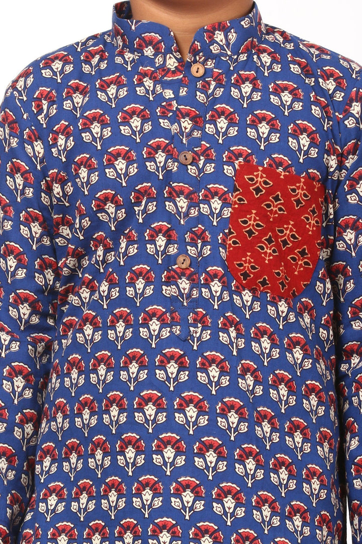 anokherang Boys Kurta Blue Floral Red Pocket Short Kurta