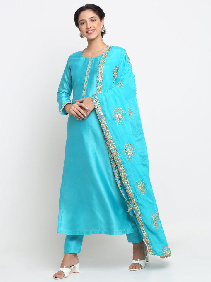 anokherang Combos Aasmani Gota Kurti With Straight Pants And Gotta Patti Dupatta