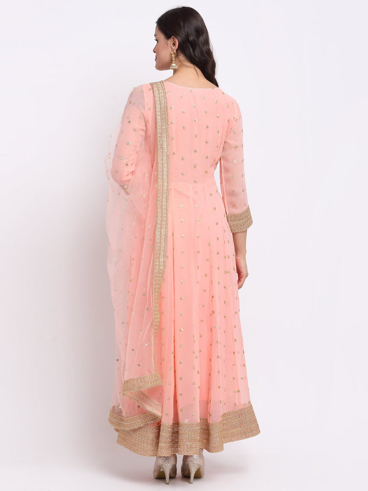 anokherang Combos Absolut Peach Anarkali with Leggings and Net Sequenced Dupatta