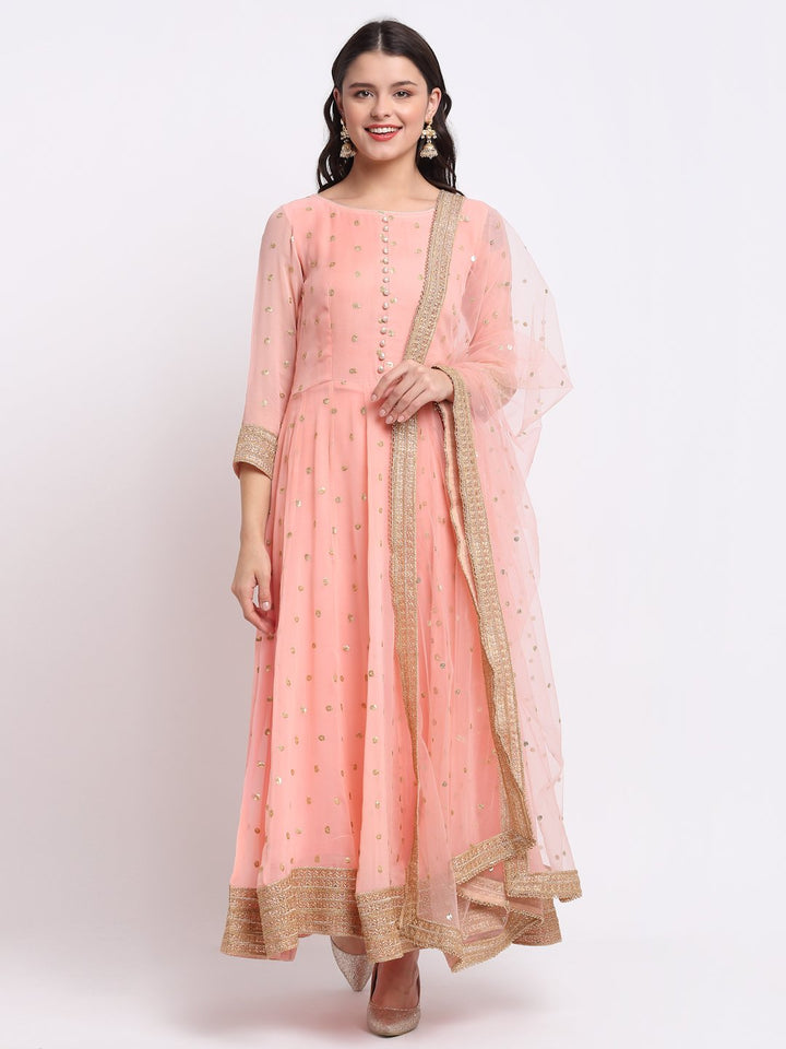 anokherang Combos Absolut Peach Anarkali with Leggings and Net Sequenced Dupatta