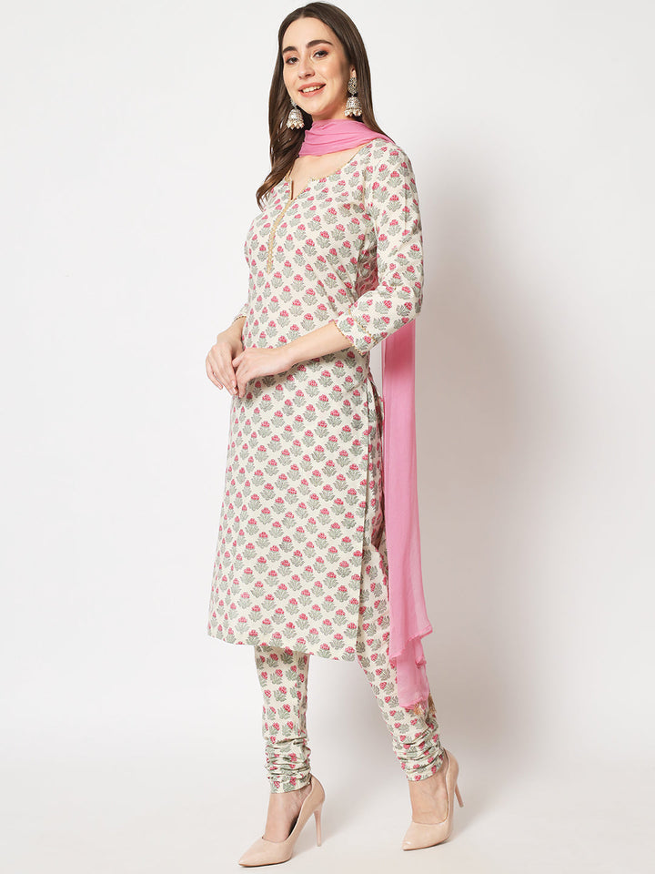 anokherang Combos Amelia Pink Straight Kurti with Printed Churidar with Chiffon Dupatta