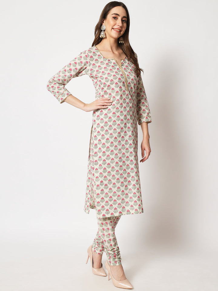 anokherang Combos Amelia Pink Straight Kurti with Printed Churidar with Chiffon Dupatta