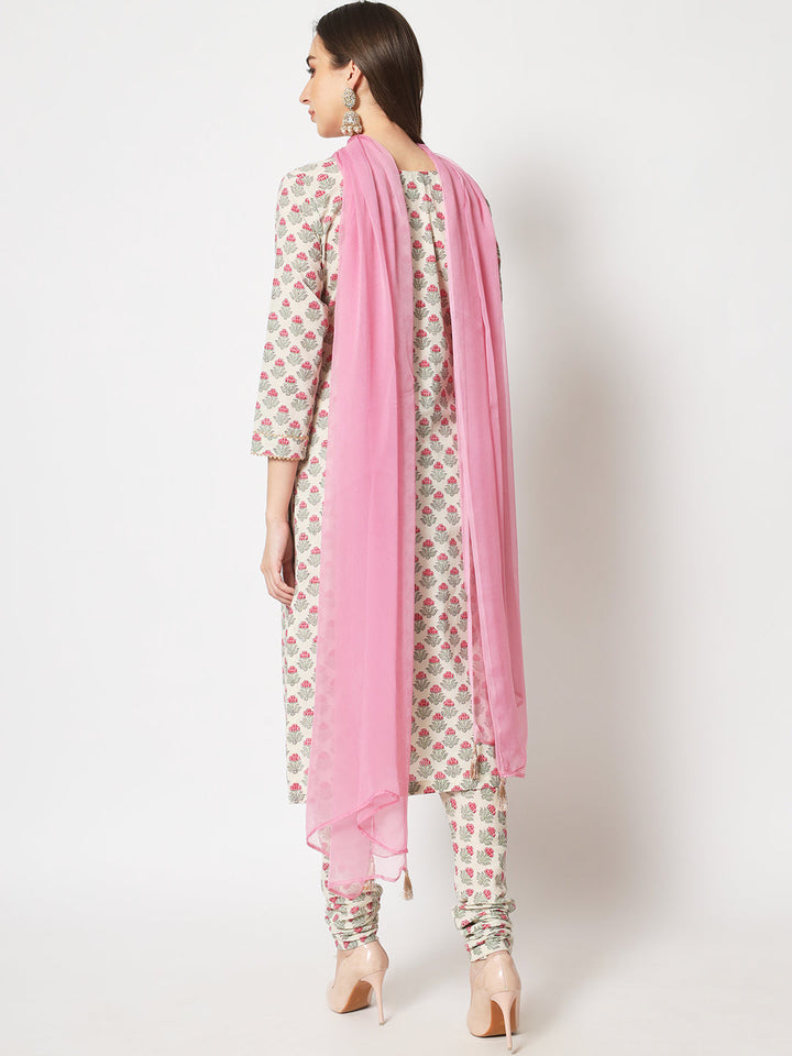 anokherang Combos Amelia Pink Straight Kurti with Printed Churidar with Chiffon Dupatta