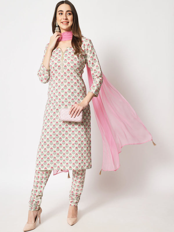 anokherang Combos Amelia Pink Straight Kurti with Printed Churidar with Chiffon Dupatta