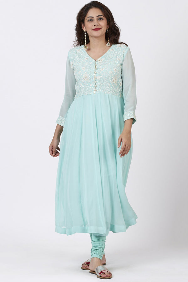 anokherang Combos Aqua Blue Chikankari Anarkali with Churidaar