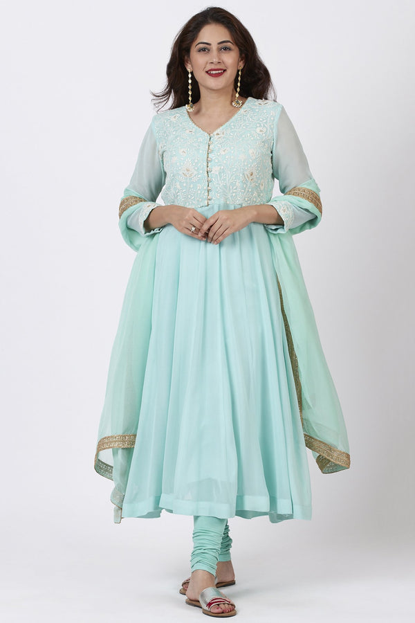 anokherang Combos Aqua Blue Chikankari Anarkali with Churidaar and Chiffon Dupatta