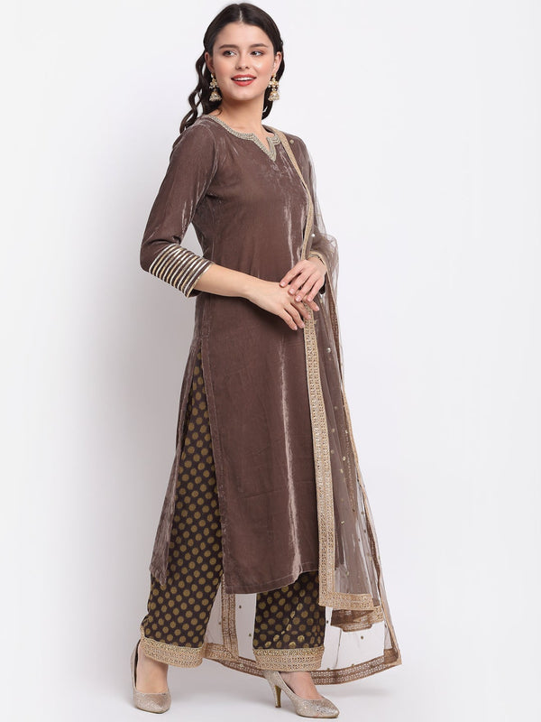 anokherang Combos Ash Grey Velvet Straight Kurti with Banarasi Palazzo and Sequin Dupatta