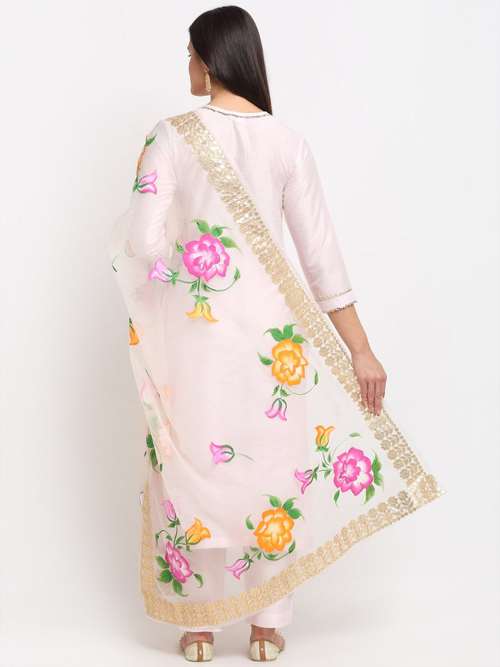 anokherang Combos Baby Pink Gotta Straight Kurti with Straight Pants and Floral Hand Painted Gotta Organza Dupatta