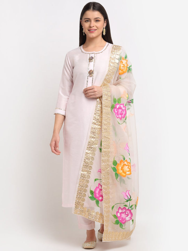 anokherang Combos Baby Pink Gotta Straight Kurti with Straight Pants and Floral Hand Painted Gotta Organza Dupatta