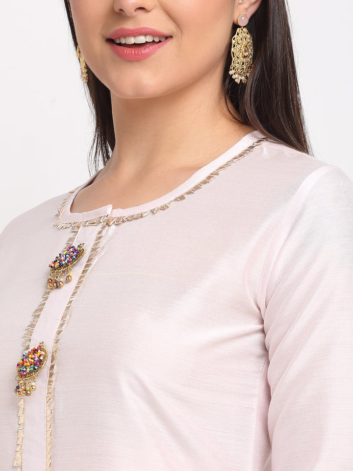 anokherang Combos Baby Pink Gotta Straight Kurti with Straight Pants and Floral Hand Painted Gotta Organza Dupatta
