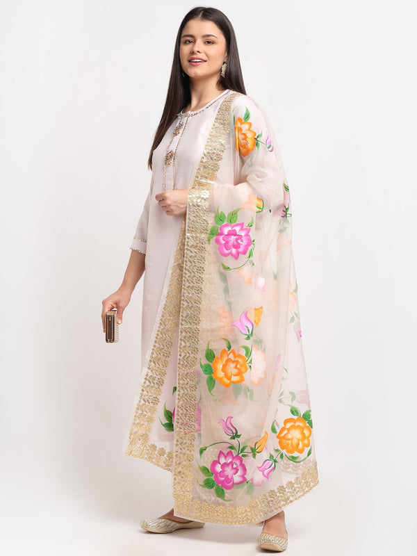 anokherang Combos Baby Pink Gotta Straight Kurti with Straight Pants and Floral Hand Painted Gotta Organza Dupatta