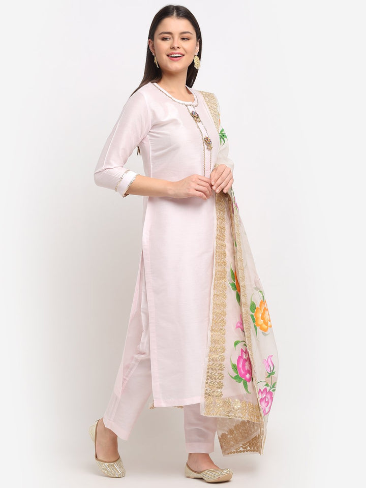 anokherang Combos Baby Pink Gotta Straight Kurti with Straight Pants and Floral Hand Painted Gotta Organza Dupatta
