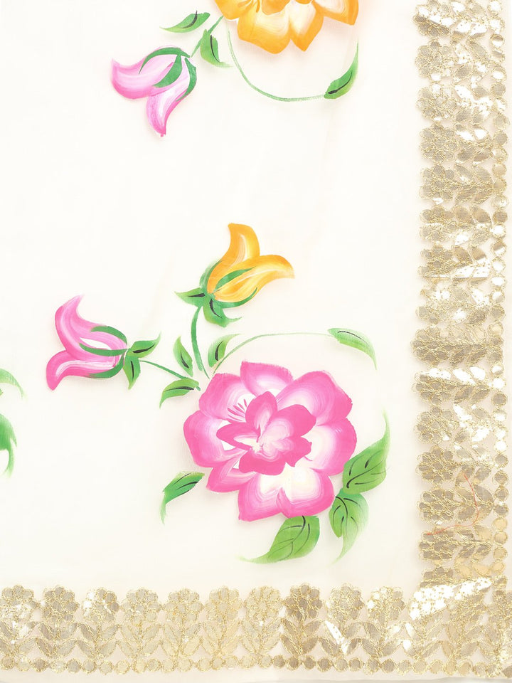anokherang Combos Baby Pink Gotta Straight Kurti with Straight Pants and Floral Hand Painted Gotta Organza Dupatta