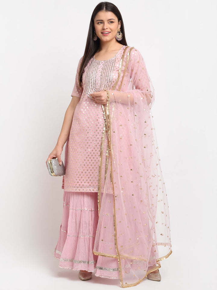 anokherang Combos Baby Pink Love Short Kurti with Crushed Sharara and Net Dupatta