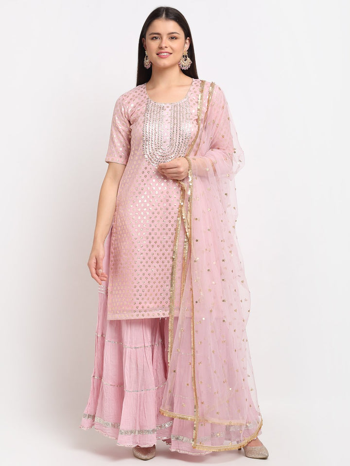 anokherang Combos Baby Pink Love Short Kurti with Crushed Sharara and Net Dupatta