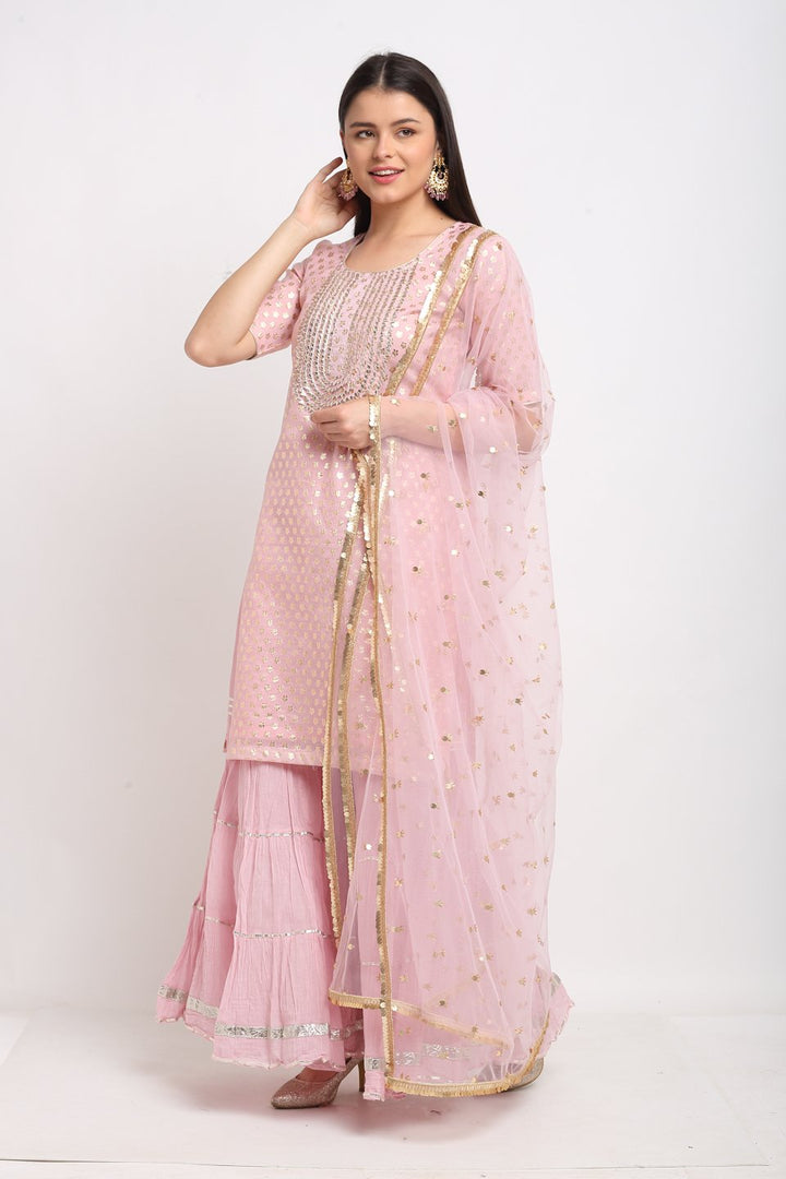 anokherang Combos Baby Pink Love Short Kurti with Crushed Sharara and Net Dupatta