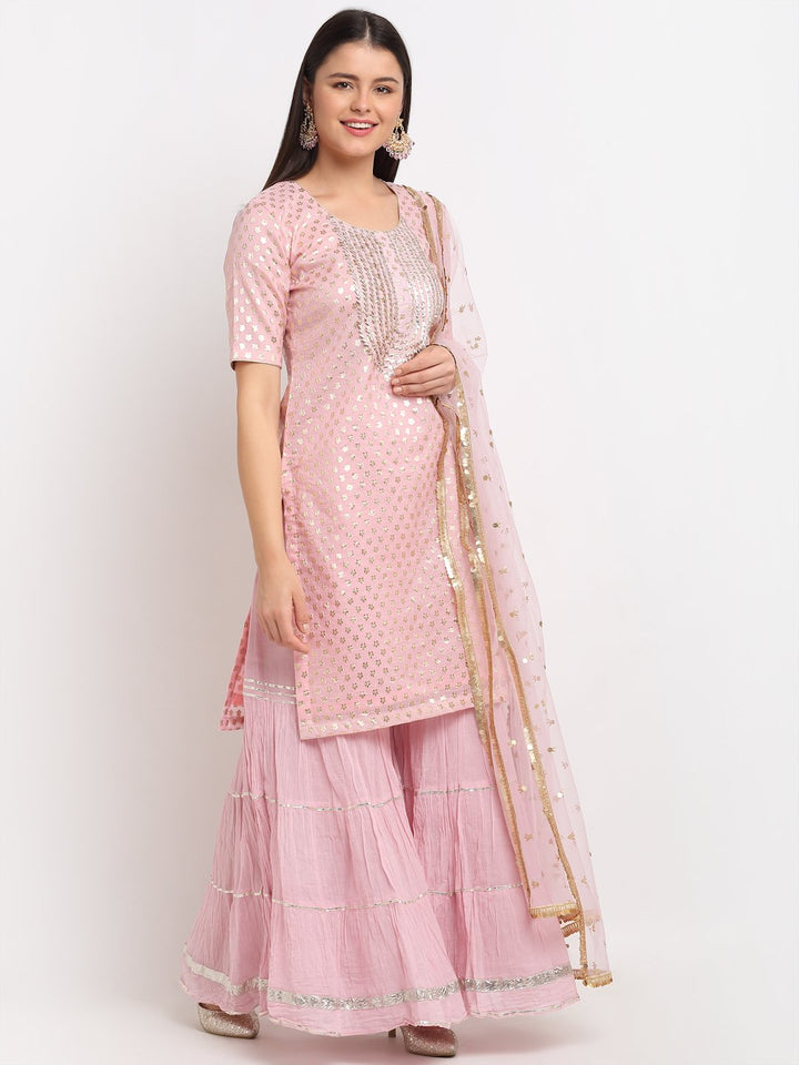 anokherang Combos Baby Pink Love Short Kurti with Crushed Sharara and Net Dupatta