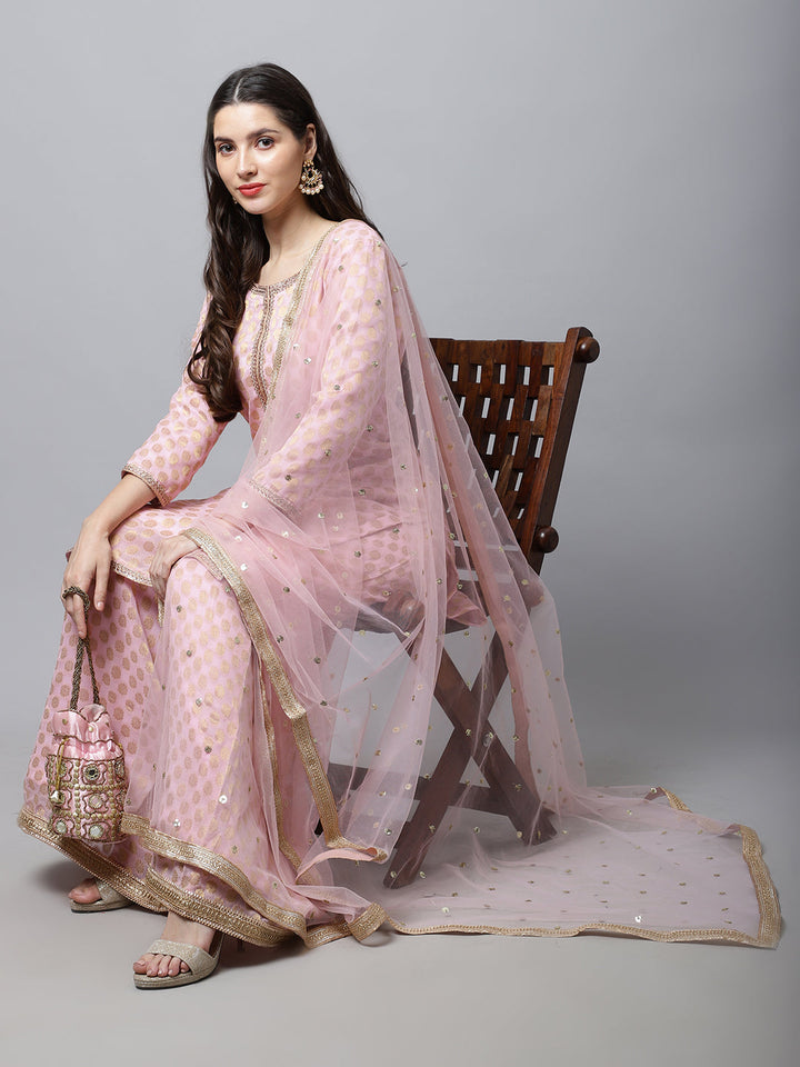 anokherang Combos Baby Pink Straight Banarasi Kurti With Flared Palazzo And Dupatta Couple Matching Dress