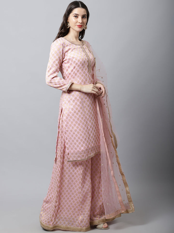 anokherang Combos Baby Pink Straight Banarasi Kurti With Flared Palazzo And Dupatta Couple Matching Dress