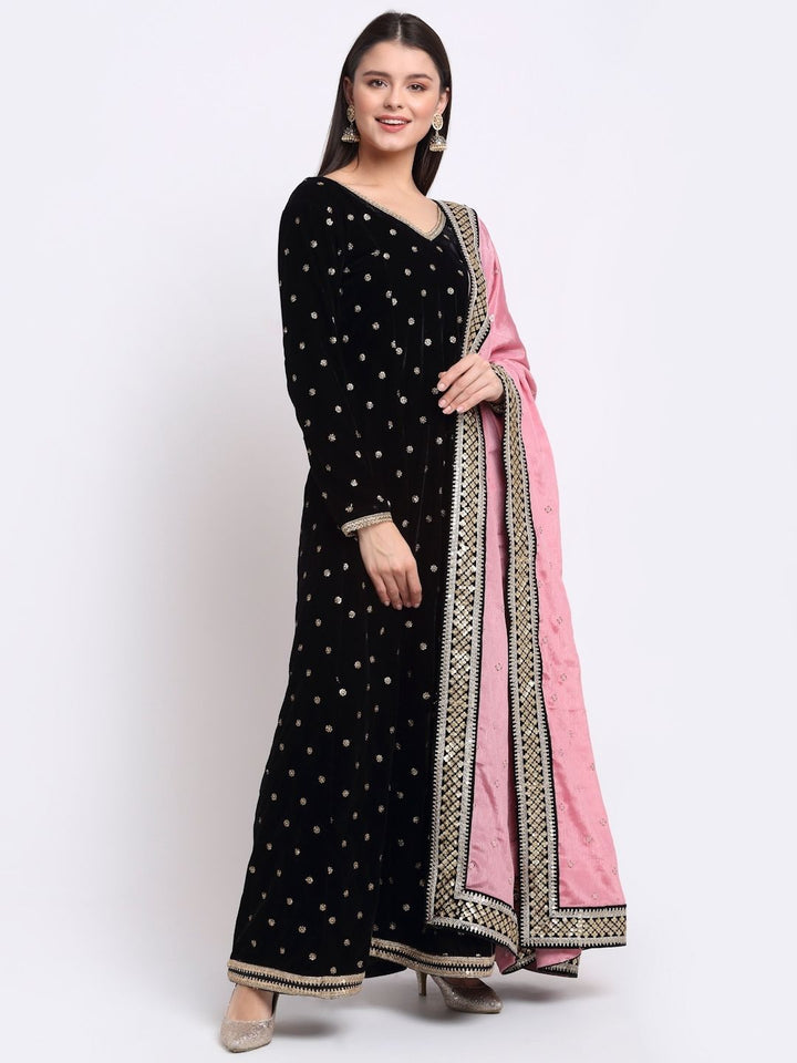 anokherang Combos Beautiful Black Sequin Embroidered Velvet Anarkali with Silk Dupatta
