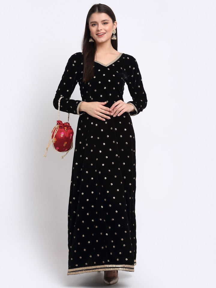 anokherang Combos Beautiful Black Sequin Embroidered Velvet Floor Length Kurti