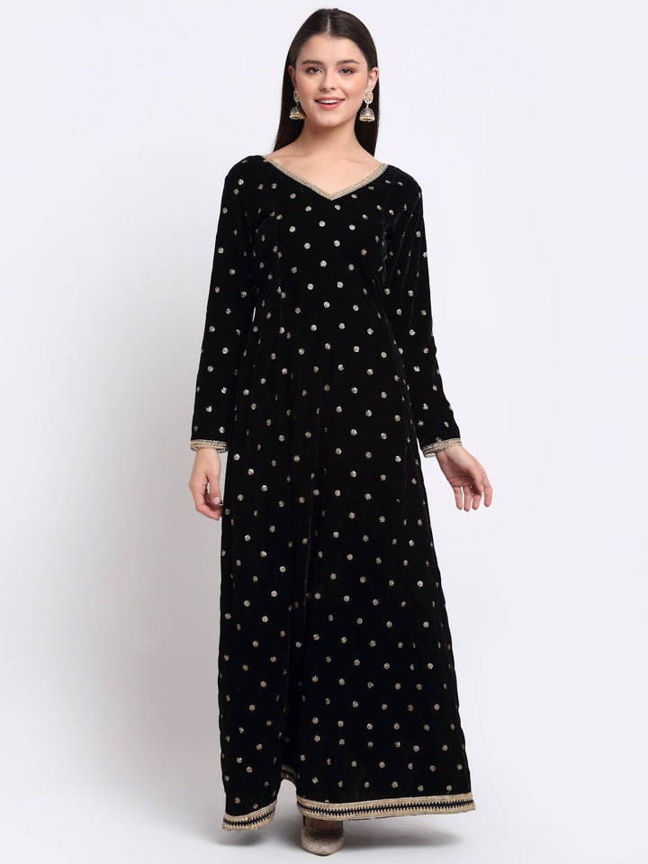 anokherang Combos Beautiful Black Sequin Embroidered Velvet Floor Length Kurti