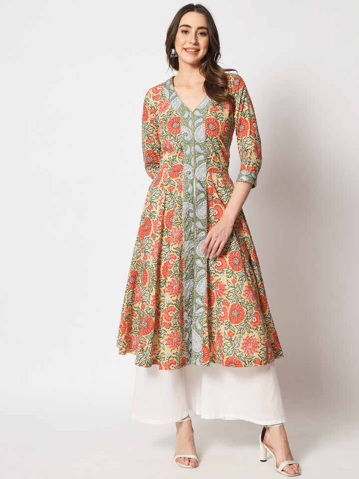 anokherang Combos Beige Floral Jacket Style Anarkali Kurti With Flared Palazzo