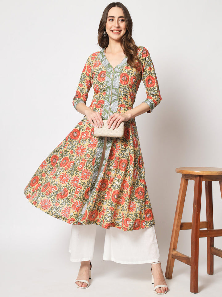 anokherang Combos Beige Floral Jacket Style Anarkali Kurti With Flared Palazzo