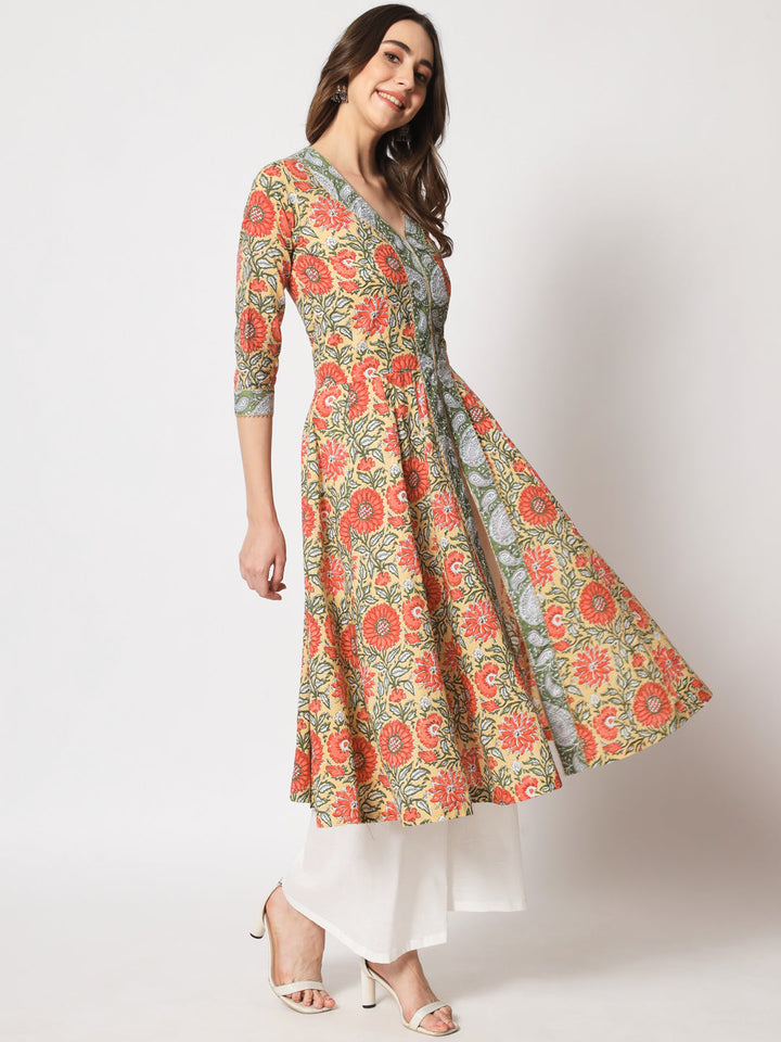 anokherang Combos Beige Floral Jacket Style Anarkali Kurti With Flared Palazzo