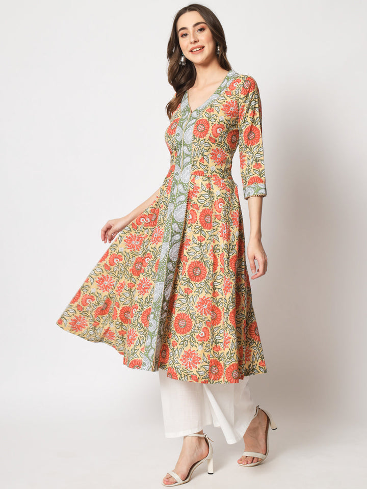 anokherang Combos Beige Floral Jacket Style Anarkali Kurti With Flared Palazzo