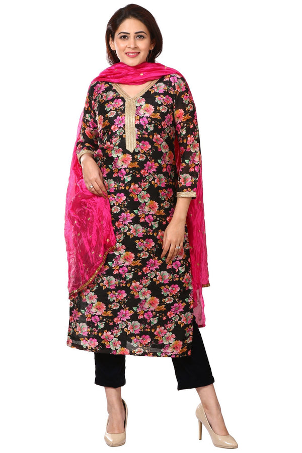 Black Magenta Floral Straight Kurti with Velvet Straight Pants and Pink Crushed Dupatta