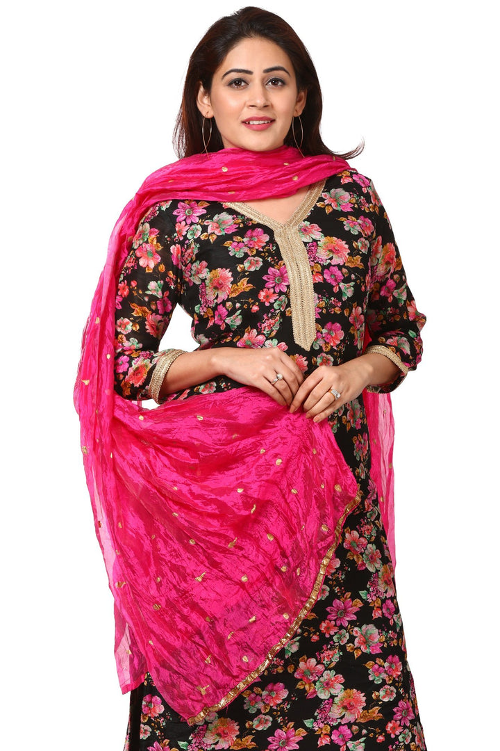 anokherang Combos Black and Magenta Floral Straight Kurti and Black Velvet Straight Pants with Pink Crushed Dupatta