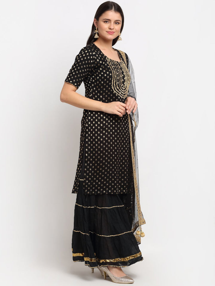 anokherang Combos Black Banarsi Short Kurti with Sharara and Net Stone Dupatta