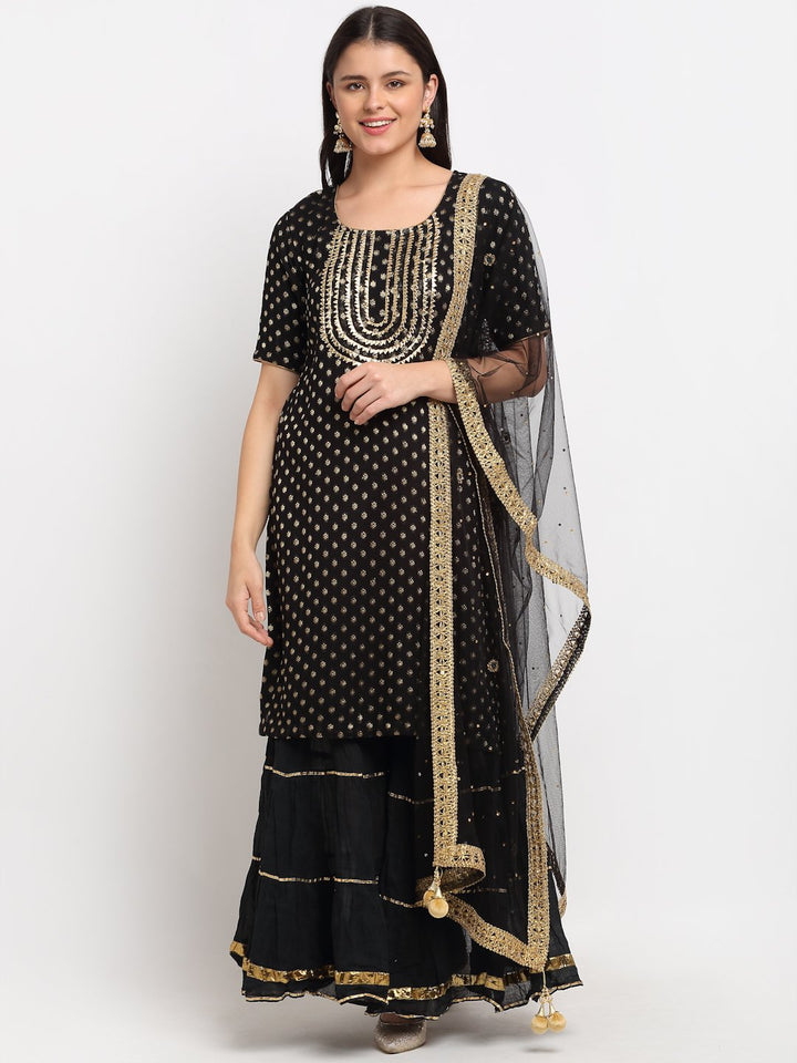 anokherang Combos Black Banarsi Short Kurti with Sharara and Net Stone Dupatta