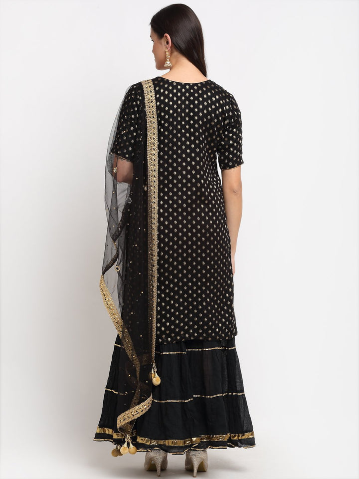 anokherang Combos Black Banarsi Short Kurti with Sharara and Net Stone Dupatta