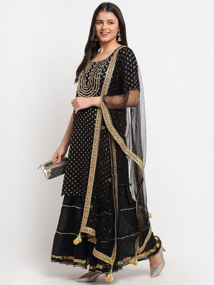 anokherang Combos Black Banarsi Short Kurti with Sharara and Net Stone Dupatta
